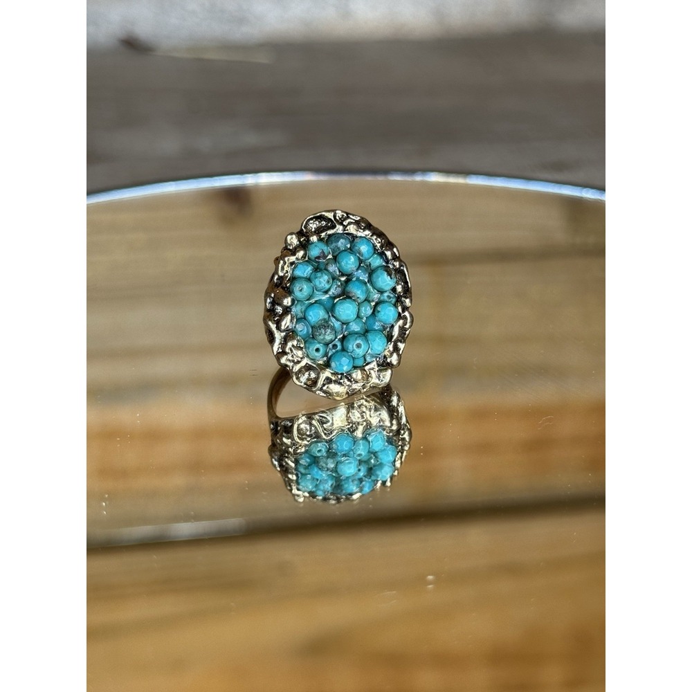 Turquoise Cluster Gold Tone Large Cocktail Statement Ring By DOUBLE HAPPINESS